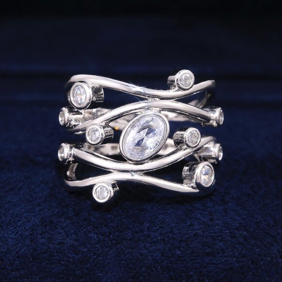🎁 Multi Layer Stackable Wave Water Drop White Oval Zircon Rings for Women,PD225 - Picture 1 of 5